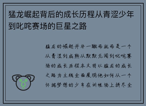猛龙崛起背后的成长历程从青涩少年到叱咤赛场的巨星之路