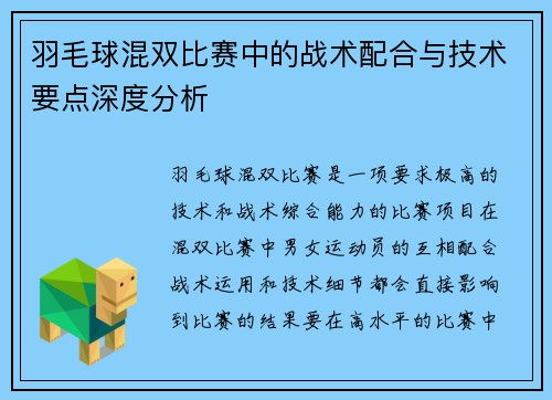羽毛球混双比赛中的战术配合与技术要点深度分析