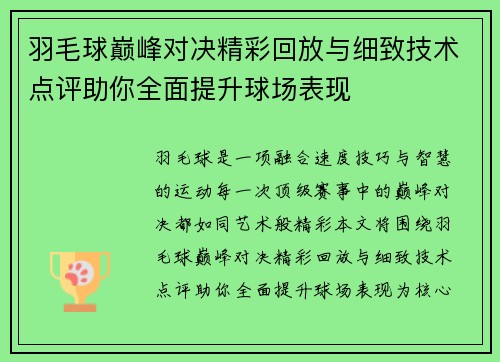 羽毛球巅峰对决精彩回放与细致技术点评助你全面提升球场表现
