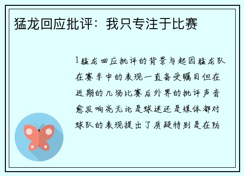 猛龙回应批评：我只专注于比赛