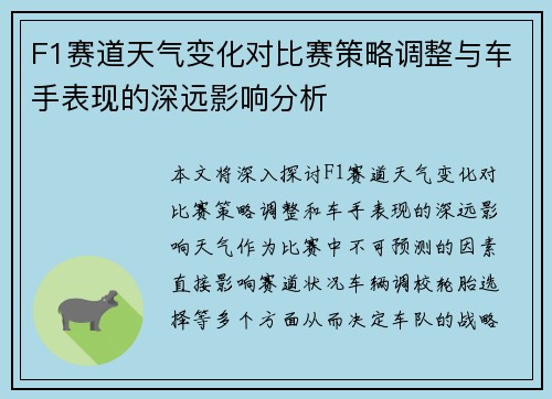 F1赛道天气变化对比赛策略调整与车手表现的深远影响分析